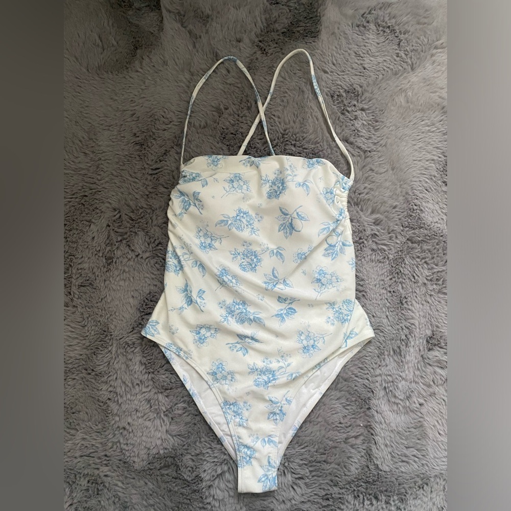 White and Blue Floral One Piece Swimsuit